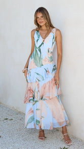 Reina Tiered Maxi Dress - Blue Floral
