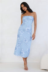 Seraphic Strapless Mesh Midi Dress Blue