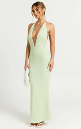 Ada Maxi Dress - Halter Plunge Textured Jersey Open Back Dress in Green