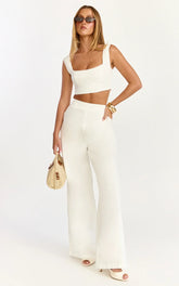 Tessa Two Piece Top and Pants Set - Square Neck Lace Trim Top And Wide Leg Pants in White