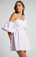 Sula Mini Dress - Asymmetric Off One Shoulder Puff Sleeve Dress in Lilac