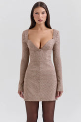 Angelie-Brown Puppytooth Check Plunge Mini Dress - SALE