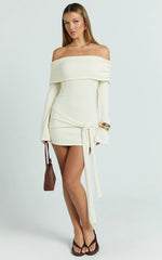 Rhianna Mini Dress - Knitted Off Shoulder Tie Waist Mini Dress in Cream