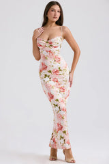 pink peony print satin maxi dress
