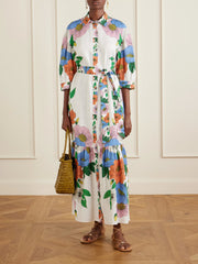 Bianca linen-blend floral midi dress
