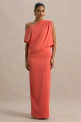 Ronnie | Coral Satin Asymmetric-Neck Maxi Dress With Draping Detail