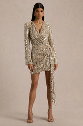 Carmina | Gold Sequin Plunge-Neck Wrap Mini Dress With Sash Detail