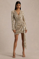 Carmina | Gold Sequin Plunge-Neck Wrap Mini Dress With Sash Detail