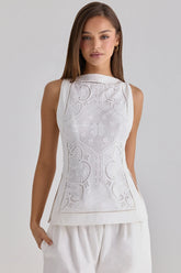 white cotton placement lace broderie anglais boat neck top