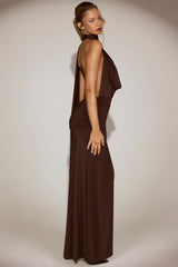 Soft-Jersey Plunge Halterneck Maxi Dress in Chocolate Brown