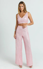 Abela Two Piece Set - Crop Top and Wide Leg Pants Set in Pink Sequin