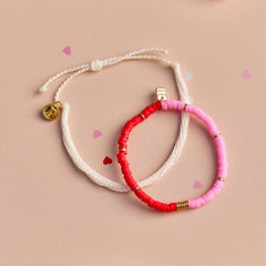 Pink and Red Vinyl Disc Bead Stretch Bracelet Set