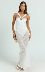 Adalia Maxi Dress - Strappy Hardware Rosette Trim Jersey Bodysuit Crochet Column Skirt Dress in Off White