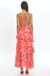 Veda Strappy Back Ruffle Midi Dress Floral Red