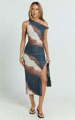 Nenita Midi Dress - One Shoulder Mesh Dress in Rust Print