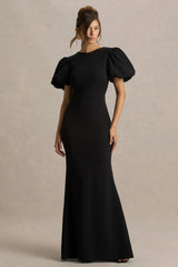 Carolina | Black Puff-Sleeve Maxi Dress With White Bow Detail