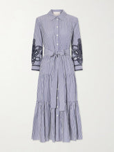 Belted tiered embroidered striped cotton-poplin midi dress