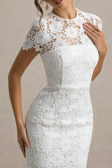 Clarissa | White Lace Short-Sleeve Pleated Midi Dress