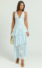 Eva Midi Dress - Deep V Neck Sleeveless Layered Dress in Blue