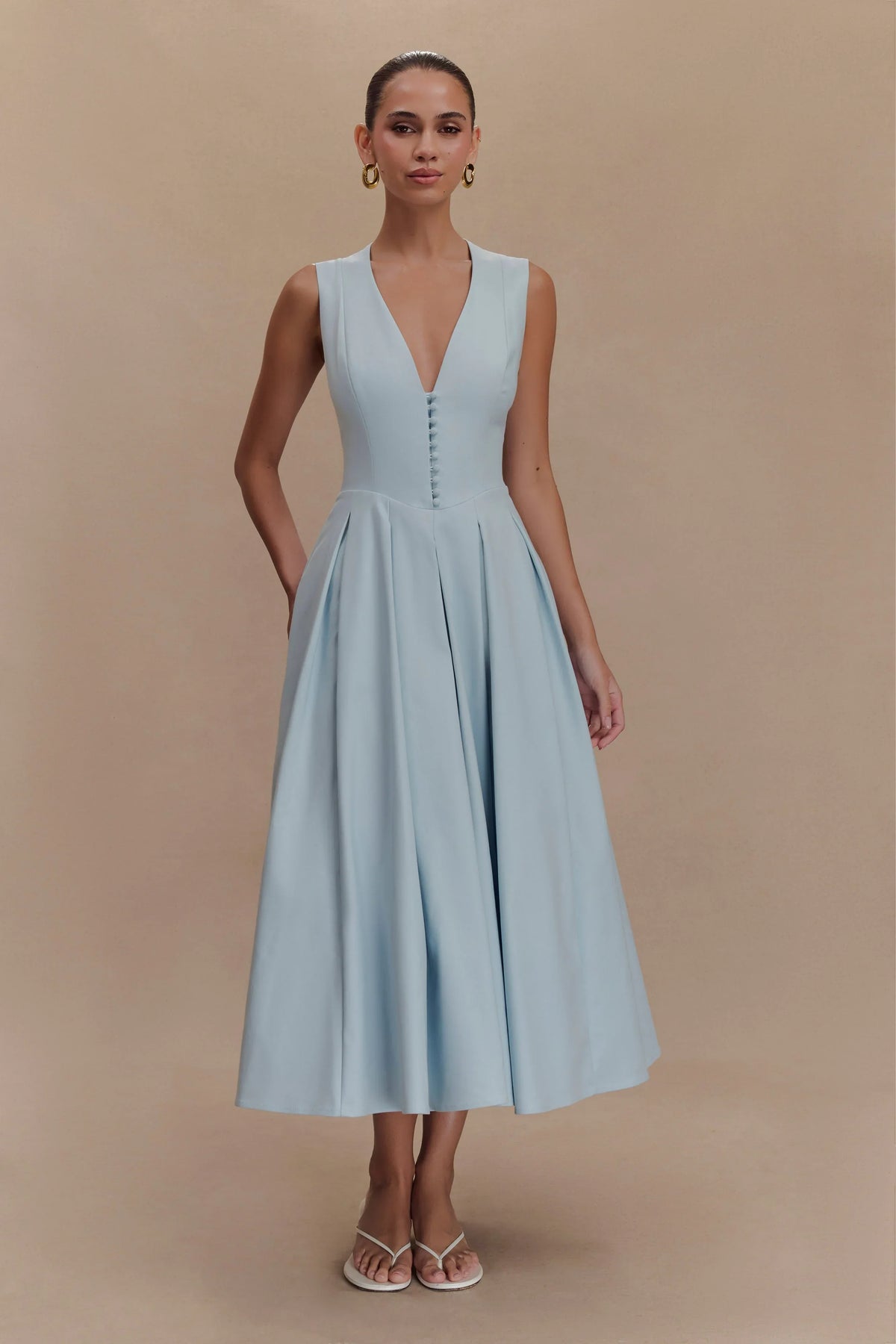 Keely Cotton Sleeveless Midi Dress - Sky Blue