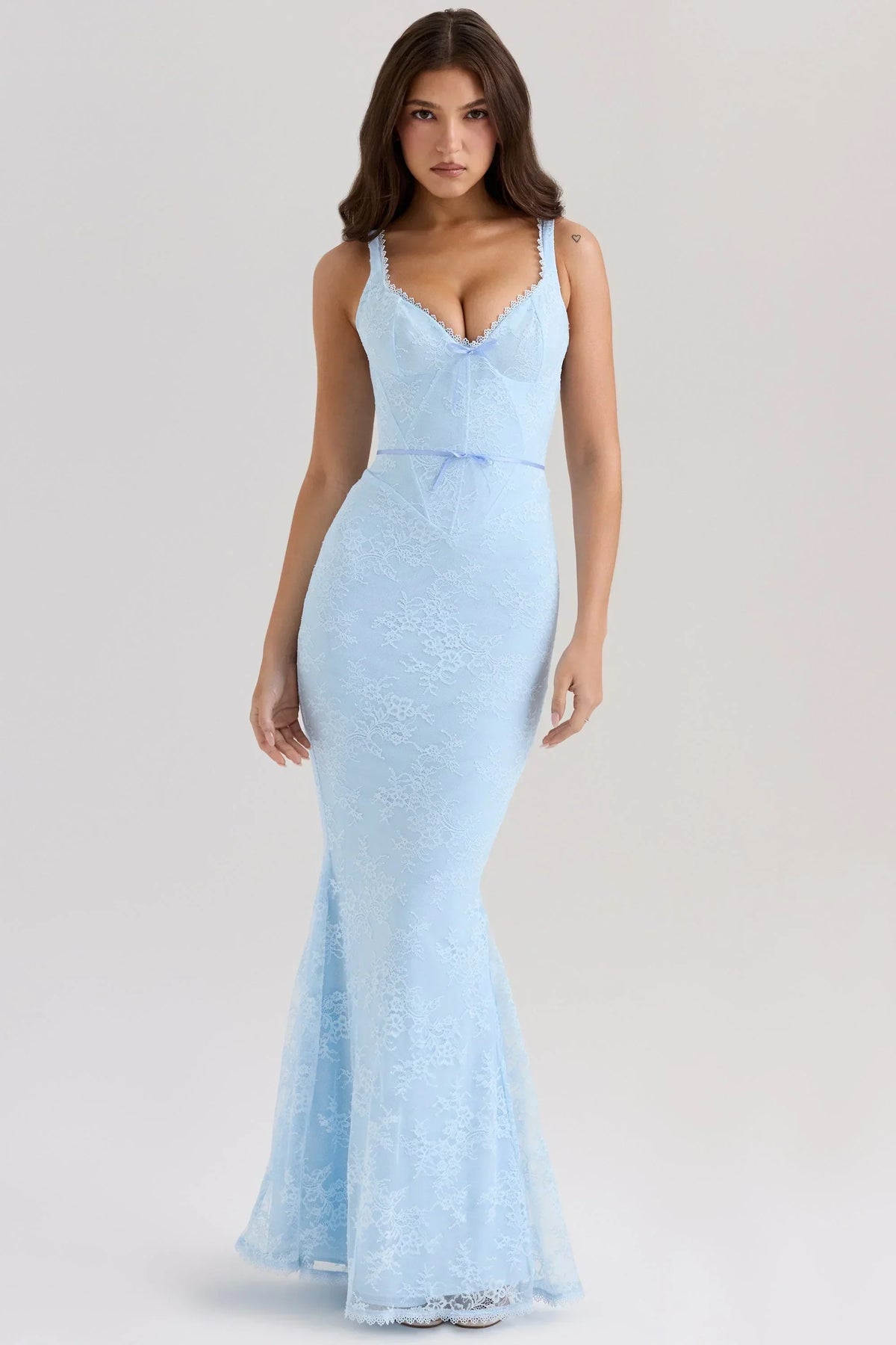blue lace godet maxi dress