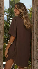 Maliha Button Up Mini Dress - Chocolate Denim