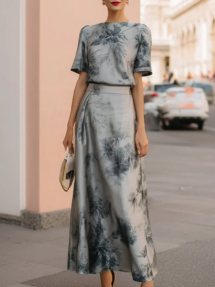 Ethereal Silver-Grey Floral Printed Two-Piece Maxi Set