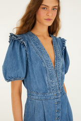 Denim Ruffled Puff Sleeve Romper