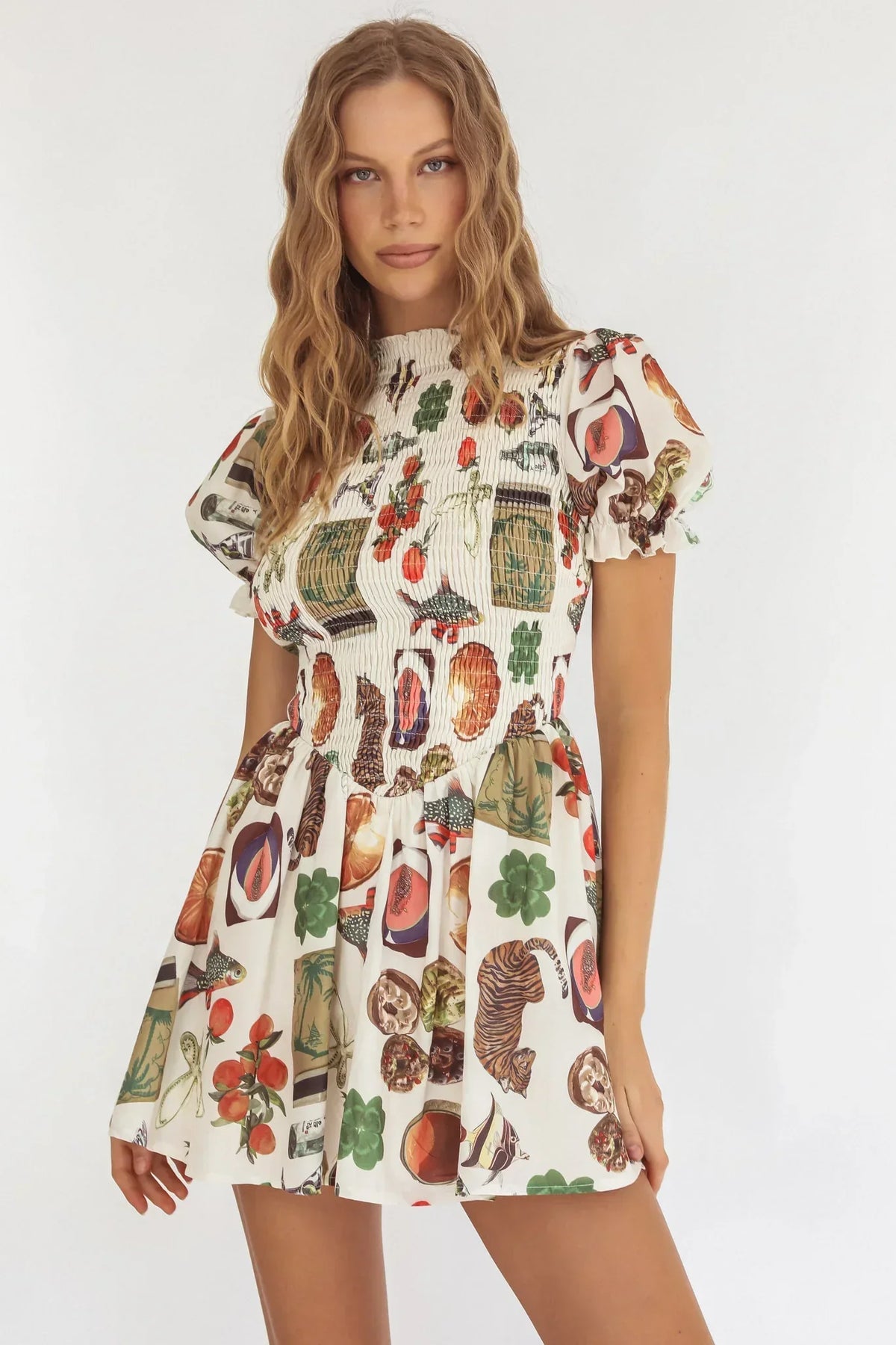 Nia Shirred Puff Sleeve Mini Dress Exotic Print Beige
