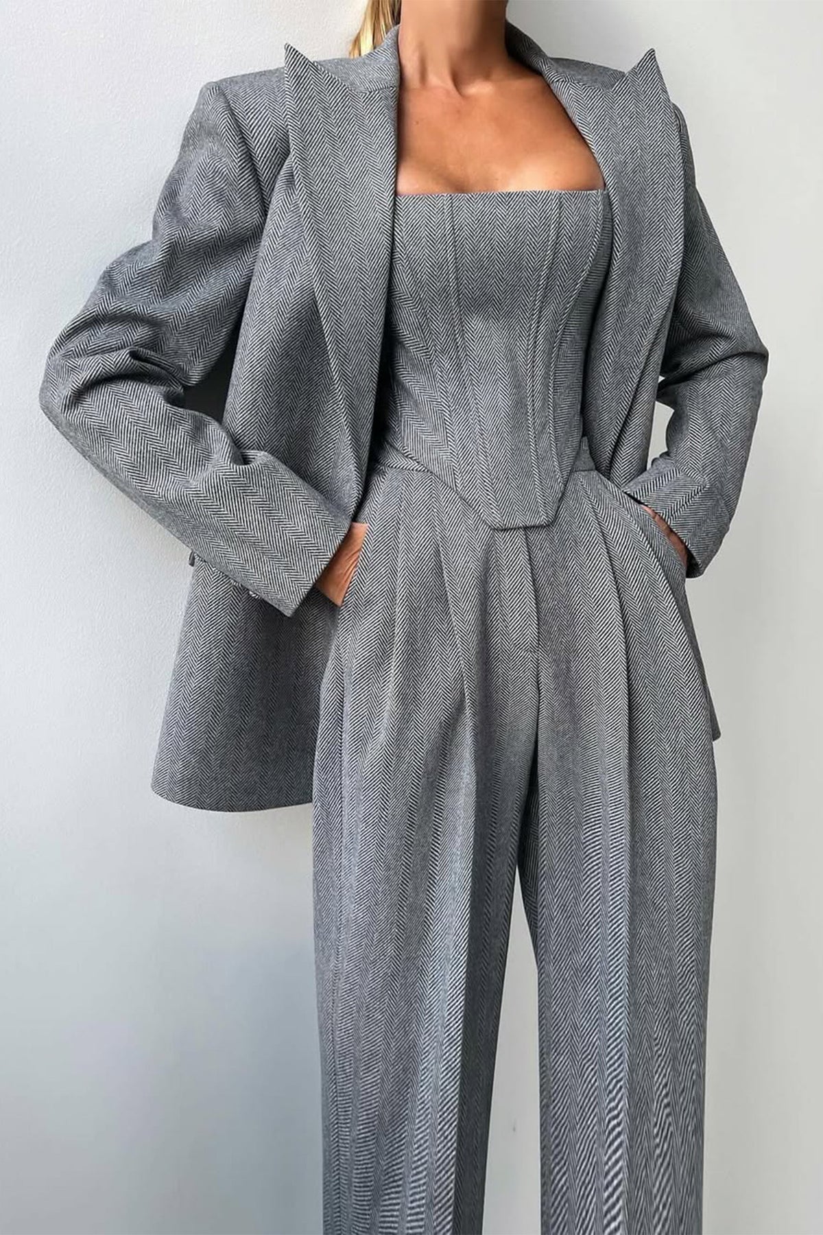 Women’s Three-Piece Trouser Suit – Double-Breasted Blazer, Corset Top, Wide-Leg