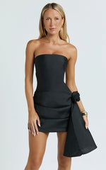 Ada Mini Dress - Strapless Rosette Draped Waist Dress in Black