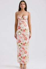 pink peony print satin maxi dress