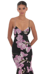 Mesh Floral Ruffle Fishtail Maxi Dress in Black