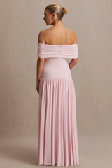 Juliette | Blush Pink Bardot-Neck Maternity Maxi Dress With Drop-Waist