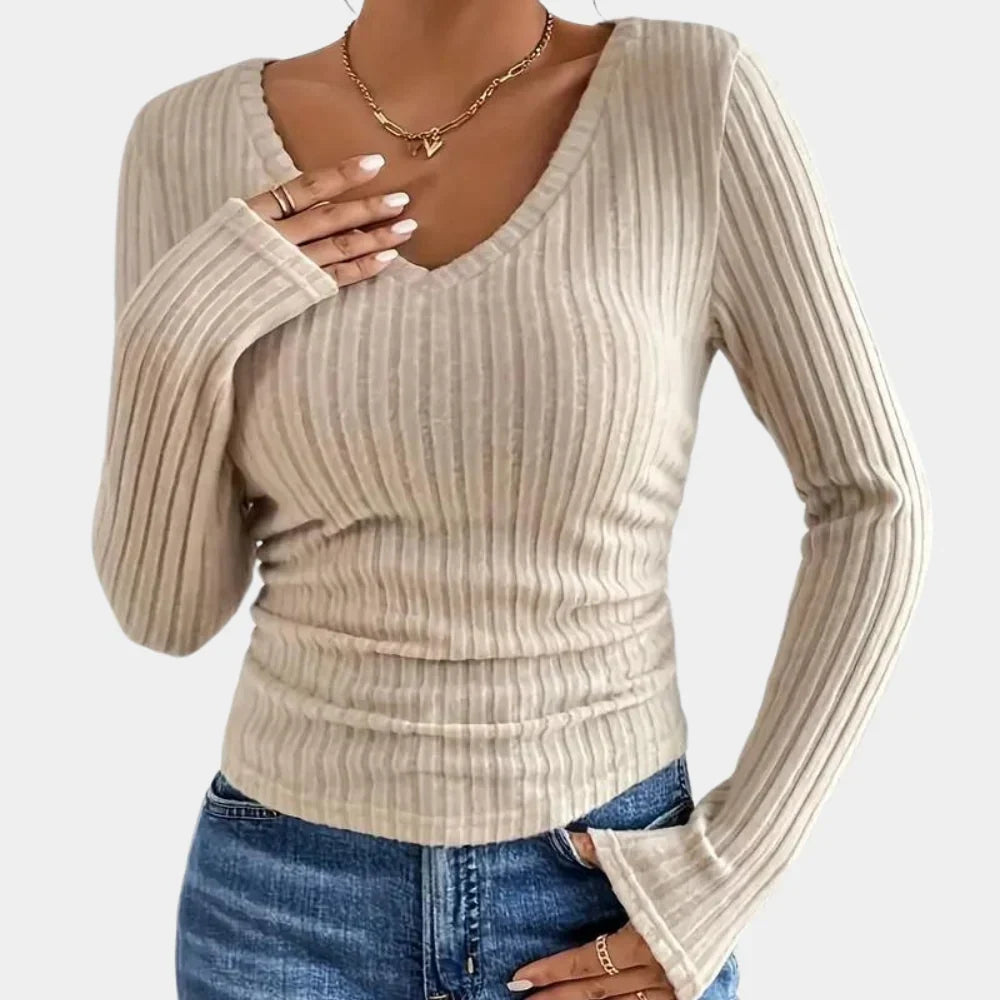 Women's Long Sleeve Top - Slim Fit & Ribbed