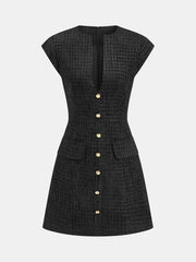 Metal Button Tweed Sleeveless Mini Dress