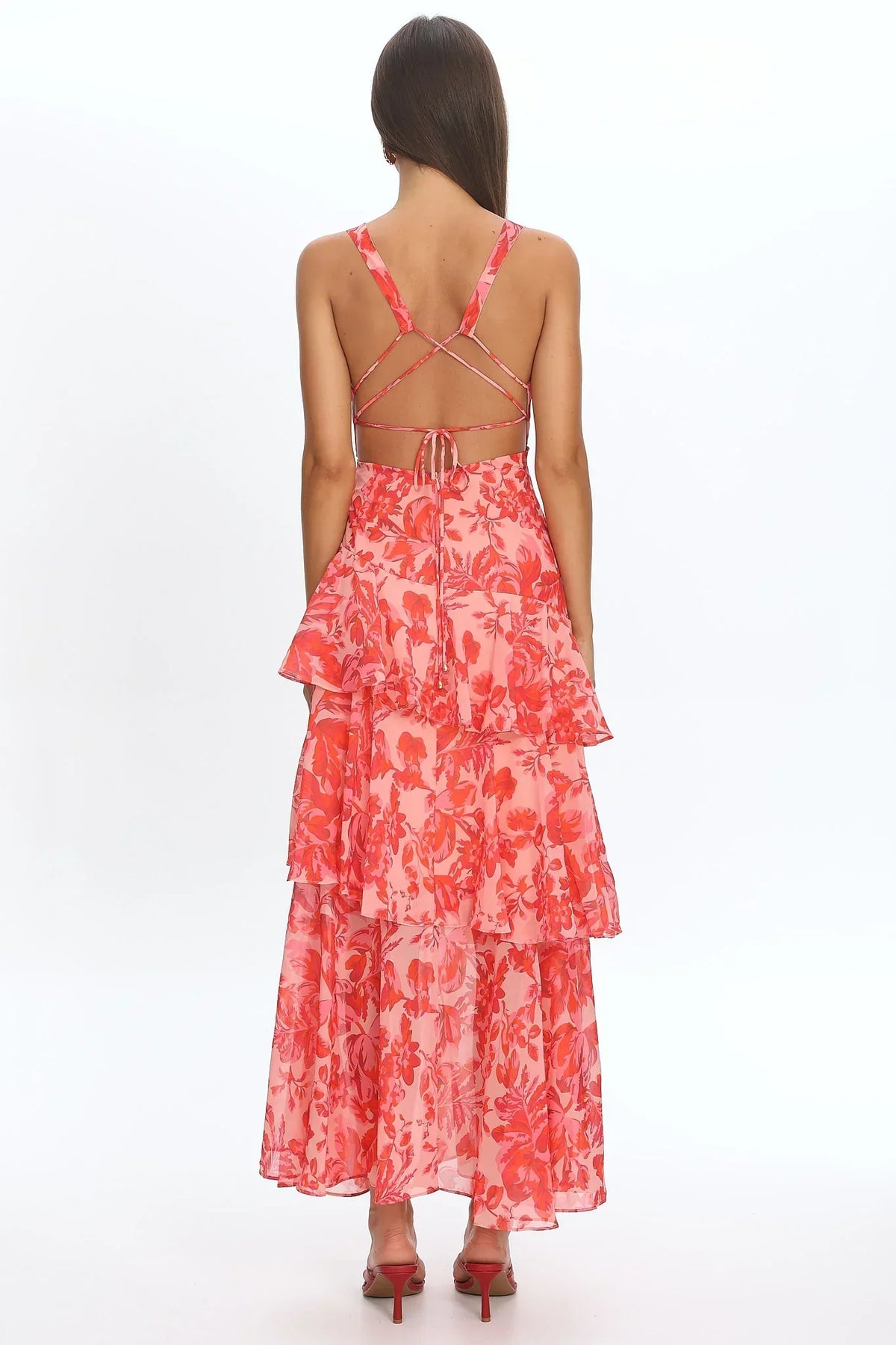 Veda Strappy Back Ruffle Midi Dress Floral Red
