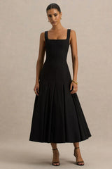 Magnolia | Black Scoop-Neck Midi Dress With Drop-Waist And Ruffling Detail