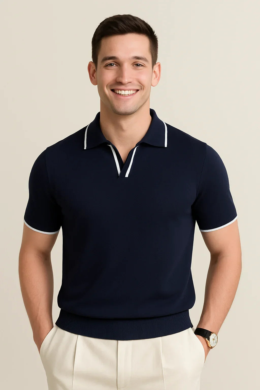 Short Sleeve Knit Polo – Contrast Trim, Slim Fit